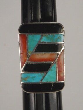 Vintage Unisex Zuni Inlay Ring Turquoise Pink Shell Jet Inlay Size 8.5